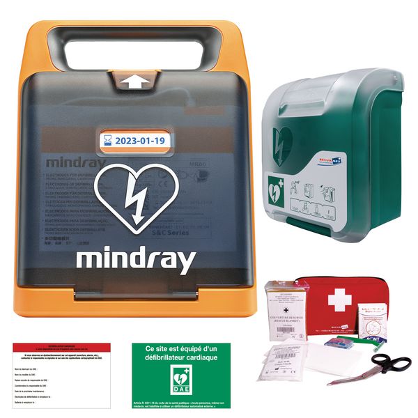 Pack DEA Mindray C2 avec armoire Aivia + signalétique + kit de réanimation + étiquette de maintenance