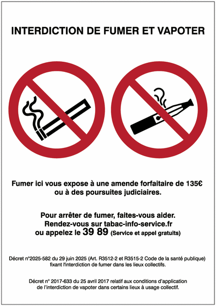 Panneaux interdiction de fumer et vapoter avec décrets Seton