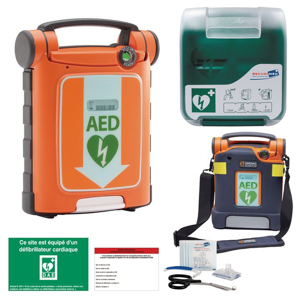 Pack DEA/DSA G5 avec ou sans capteur + housse + armoire + kit premiers secours + panneau + étiquette de maintenance