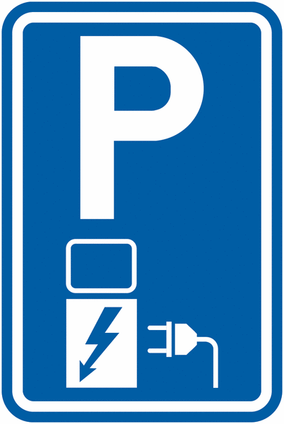 Panel parking azul equipado de una toma de recarga eléctrica