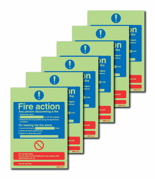 Vsafety 12005 Cartello 'Azioni In Caso Di Incendio' 5 Messaggi - Fotoluminescente 200x300 Mm - Plastica 1 Mm - Conforme EN ISO 7010