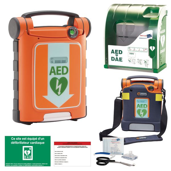 Pack DEA/DSA G5 avec ou sans capteur + housse + armoire + kit premiers secours + panneau + étiquette de maintenance