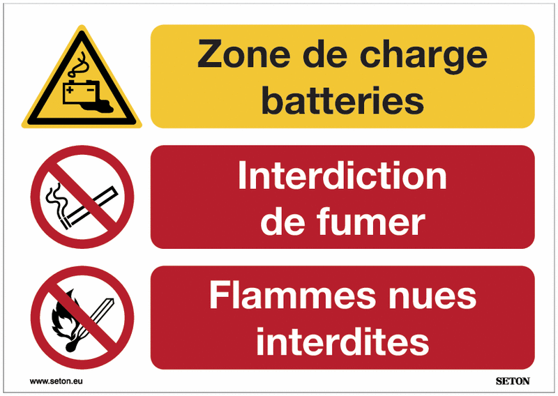 Panneaux multiples messages ISO 7010 - Zone de charge batteries,  interdiction de fumer, flammes nues interdites