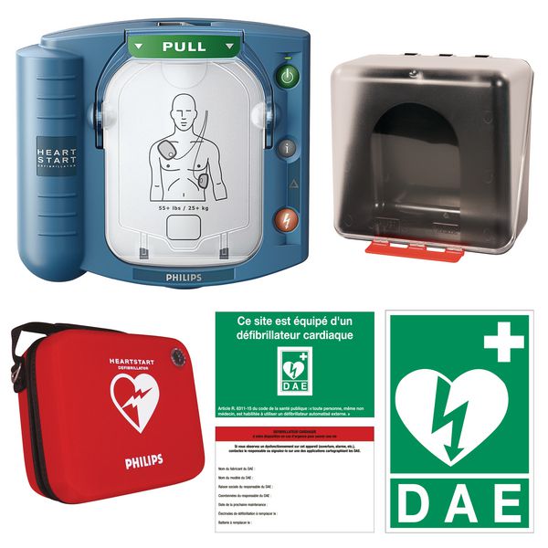 Pack défibrillateur HS1 avec housse slim, armoire, signalétique et étiquette de maintenance