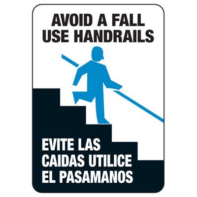 Near Miss Fall Sign Railing Bilingual Avoid A Fall Use Handrails Sign | Emedco